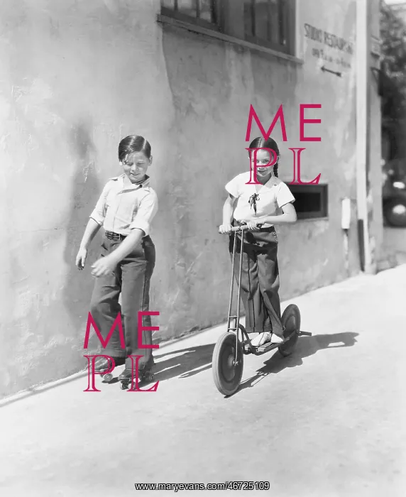 : Boy and girl playing on a scooter and the other : Boy and girl playing on a scooter and the other