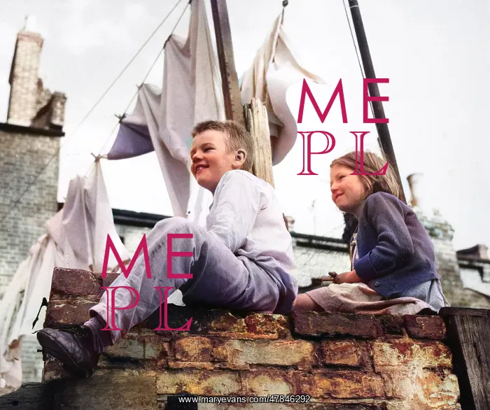 : Boy and girl on a wall, with washing, Balham, SW London : Boy and girl on a wall, with washing, Balham, SW London