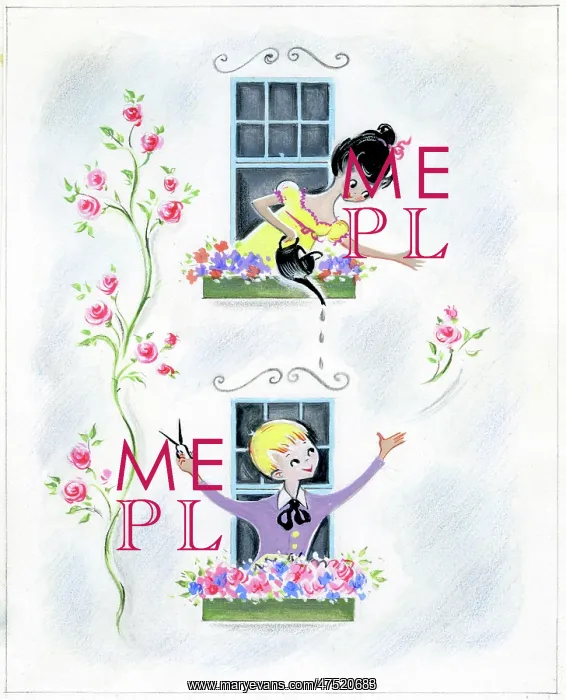 : Boy and girl with window boxes : Boy and girl with window boxes