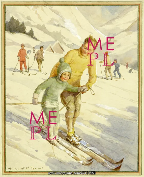 : A boy helping his daughter to ski : A boy helping his daughter to ski