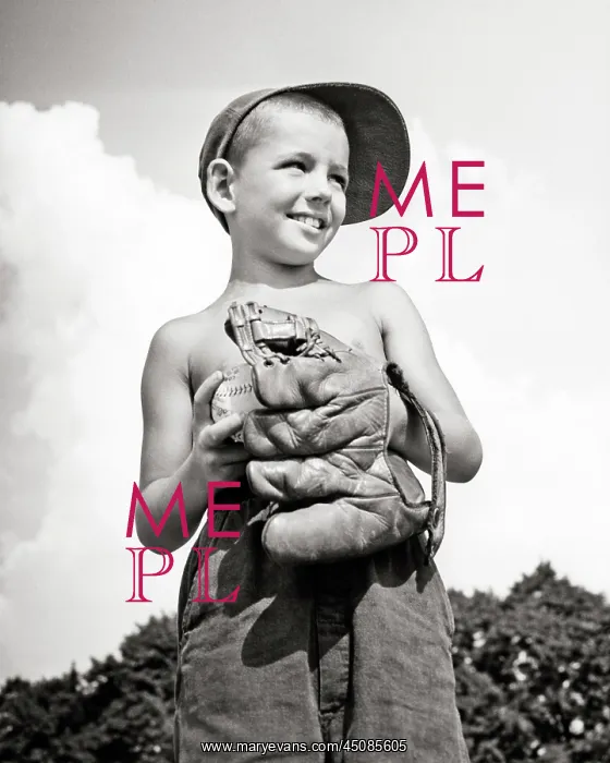 : Boy Holding Baseball and Oversize Leather Glove : Boy Holding Baseball and Oversize Leather Glove