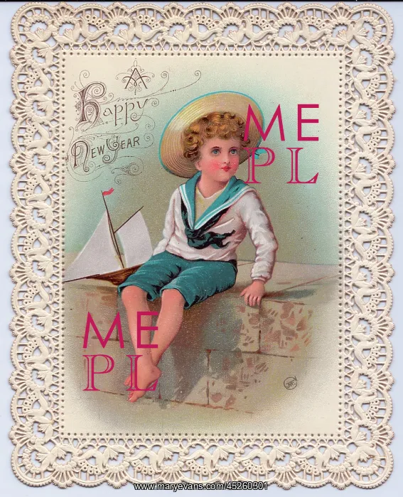 : Boy with model boat on a New Year card : Boy with model boat on a New Year card