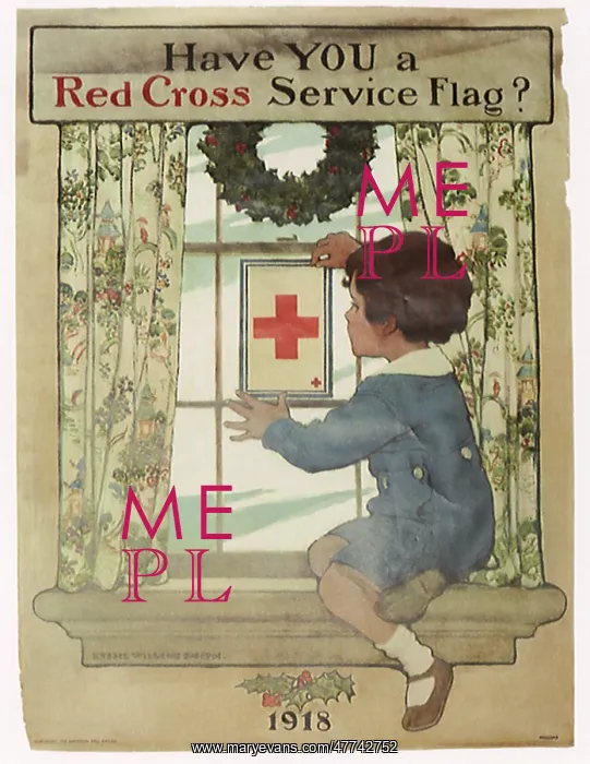 : Boy placing Red Cross Service Flag on Window : Boy placing Red Cross Service Flag on Window