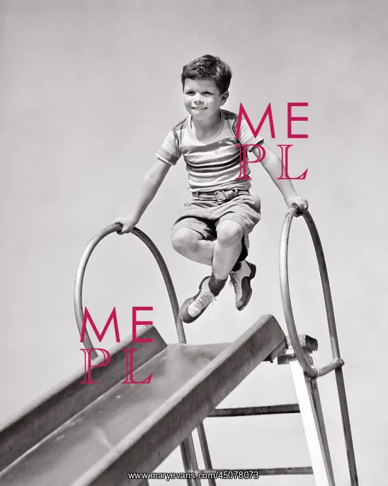  : Boy at Top of Playground Slide Pushing Up on Hand