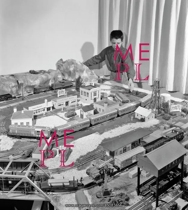 : Boy Playing with Model Train Set and Toy Village : Boy Playing with Model Train Set and Toy Village