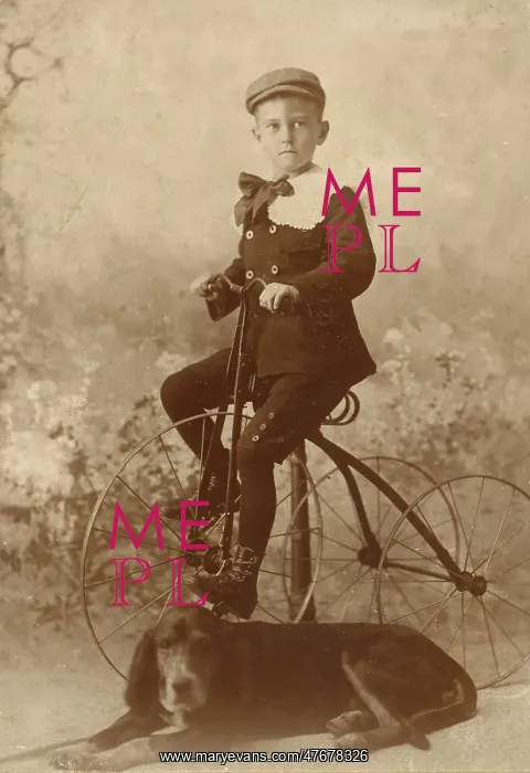 : Boy Posing on Tricycle with Dog, 1890s : Boy Posing on Tricycle with Dog, 1890s