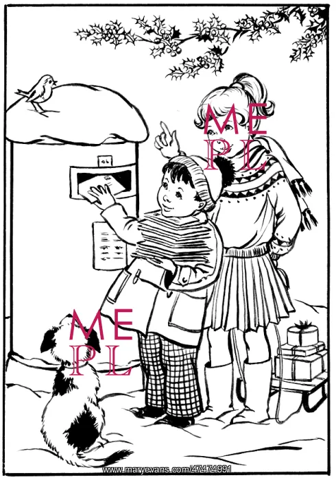 : Boy posting Christmas cards, girl pulling sledge : Boy posting Christmas cards, girl pulling sledge