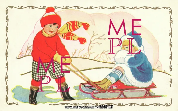 : Boy pulling his sweetheart on a sledge : Boy pulling his sweetheart on a sledge