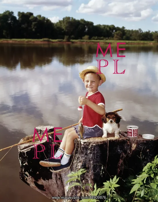 : Boy and Puppy Looking at Camera Fishing from Tree Stump : Boy and Puppy Looking at Camera Fishing from Tree Stump