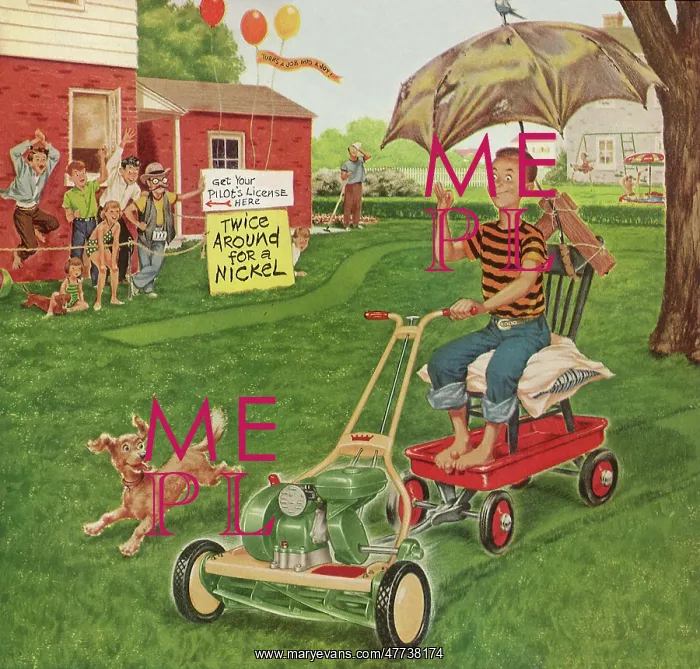  : Boy rides in Wagon pulled by Lawn Mower