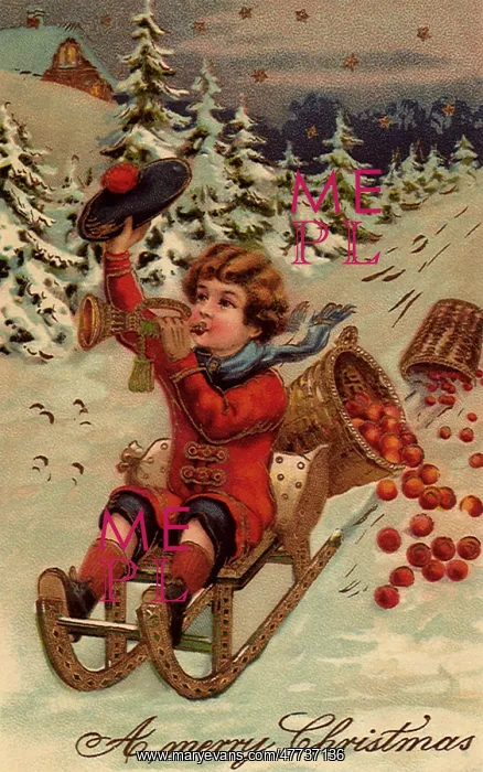  : Boy Riding Sled Playing Horn and Spilling Fruit