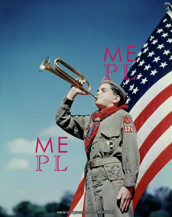  : Boy Scout Blowing Bugle in Front of 48 Star American Flag
