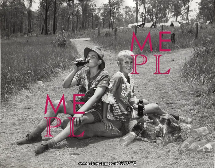 : Boy scouts drinking from bottles, Australia : Boy scouts drinking from bottles, Australia