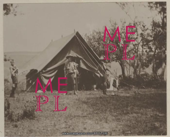 : Boy scouts in front of tent at camp : Boy scouts in front of tent at camp