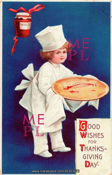 : Boy serving a fruit pie on a Thanksgiving postcard : Boy serving a fruit pie on a Thanksgiving postcard