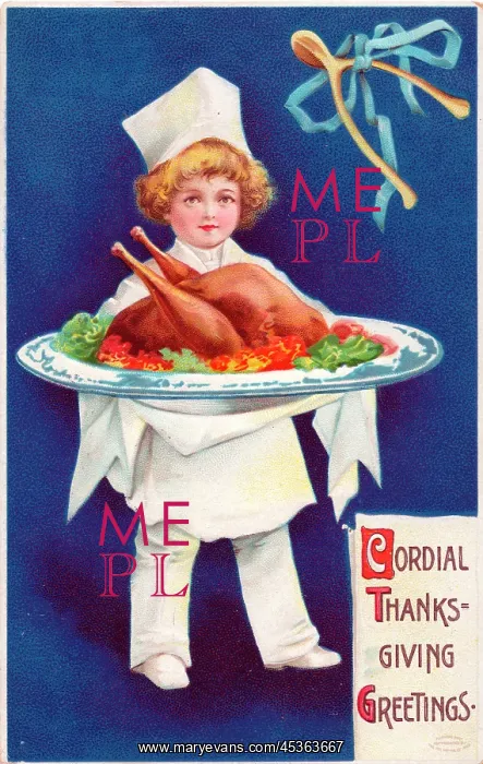 : Boy serving a roast turkey on a Thanksgiving postcard : Boy serving a roast turkey on a Thanksgiving postcard