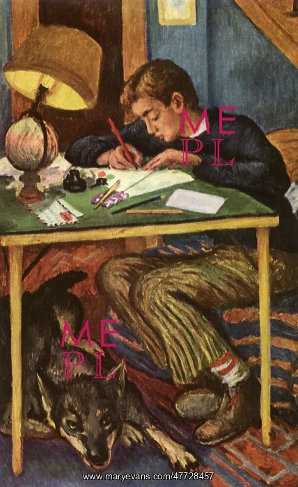 : Boy studies with Dog under Table