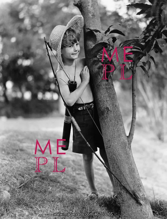  : Boy behind tree with bow and arrow