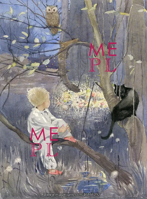 : Boy in a tree with cat and owl, by Muriel Dawson : Boy in a tree with cat and owl, by Muriel Dawson