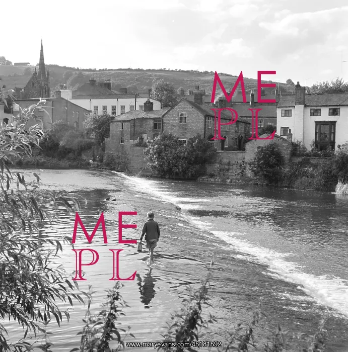 : Weir. A boy walking across a weir towards an unidentified town in Shropshire : Weir. A boy walking across a weir towards an unidentified town in Shropshire