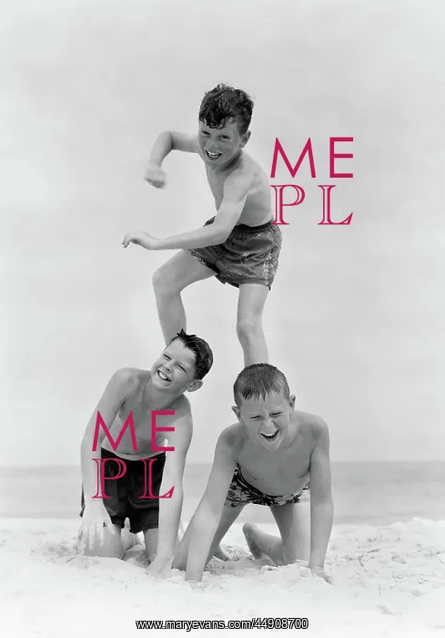 : Three boys in bathing suits form a pyramid in : Three boys in bathing suits form a pyramid in