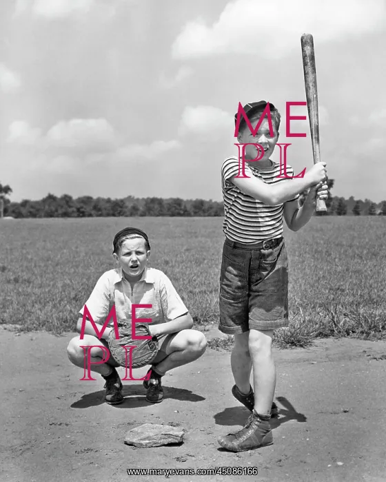 : Two Boys Batter and Catcher Playing Sandlot Baseball : Two Boys Batter and Catcher Playing Sandlot Baseball
