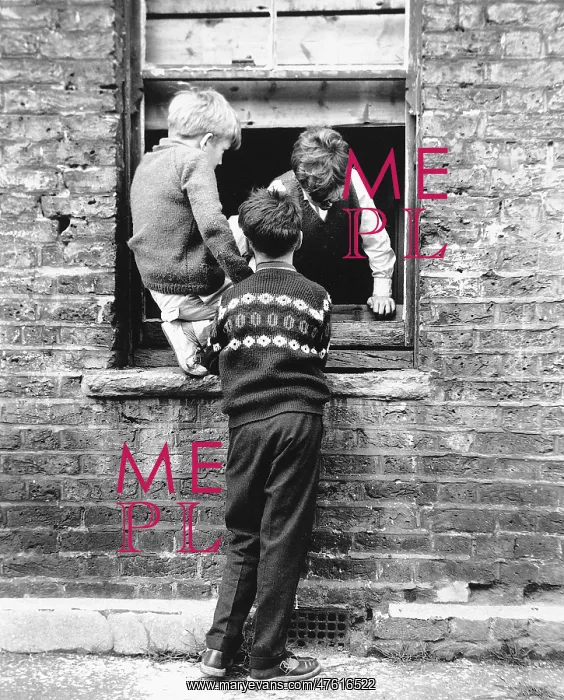 : Boys at a boarded up window, Balham, SW London : Boys at a boarded up window, Balham, SW London