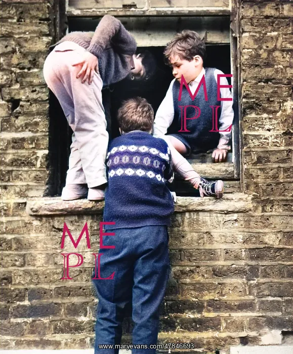 : Boys at a boarded up window, Balham, SW London : Boys at a boarded up window, Balham, SW London