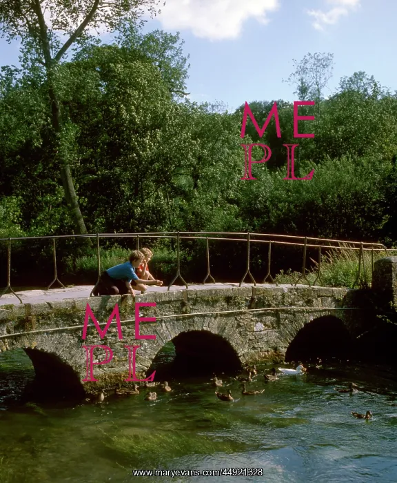 : Two boys on a bridge, feeding ducks, Bibury, Gloucestershire : Two boys on a bridge, feeding ducks, Bibury, Gloucestershire