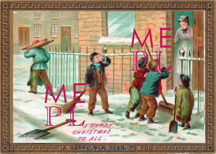 : Boys clearing snow on a Christmas card : Boys clearing snow on a Christmas card