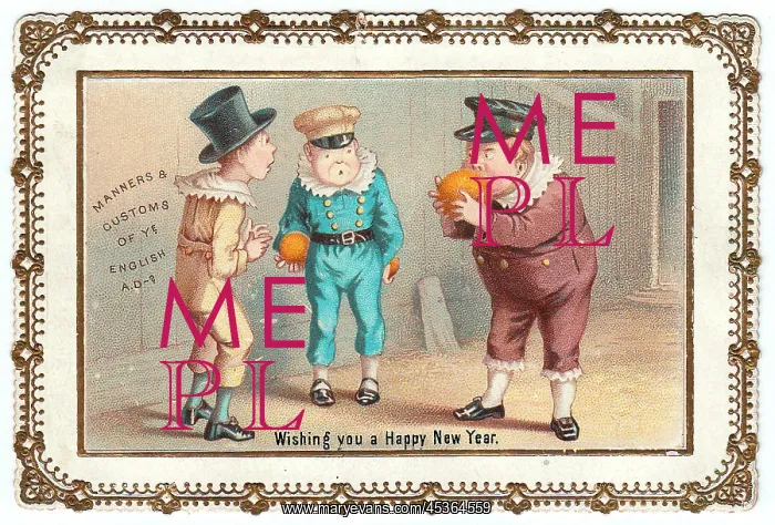 : Three boys on a comic New Year card : Three boys on a comic New Year card