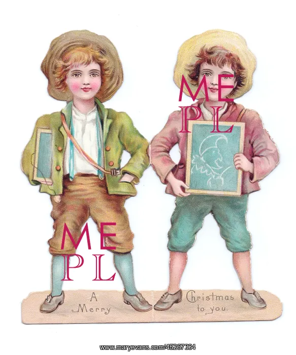 : Two boys on a cutout Christmas card : Two boys on a cutout Christmas card