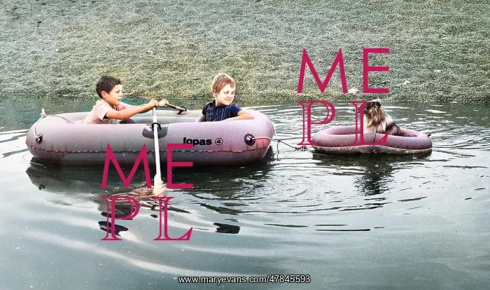: Two boys and a dog in rubber dinghies : Two boys and a dog in rubber dinghies