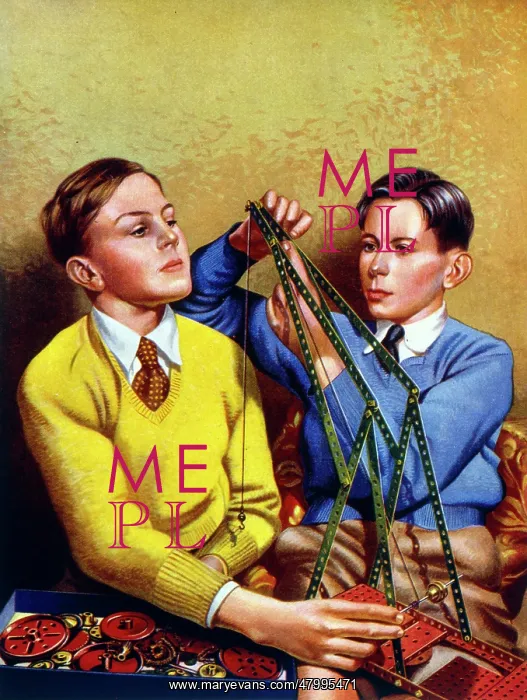 : Two boys with a Meccano construction : Two boys with a Meccano construction