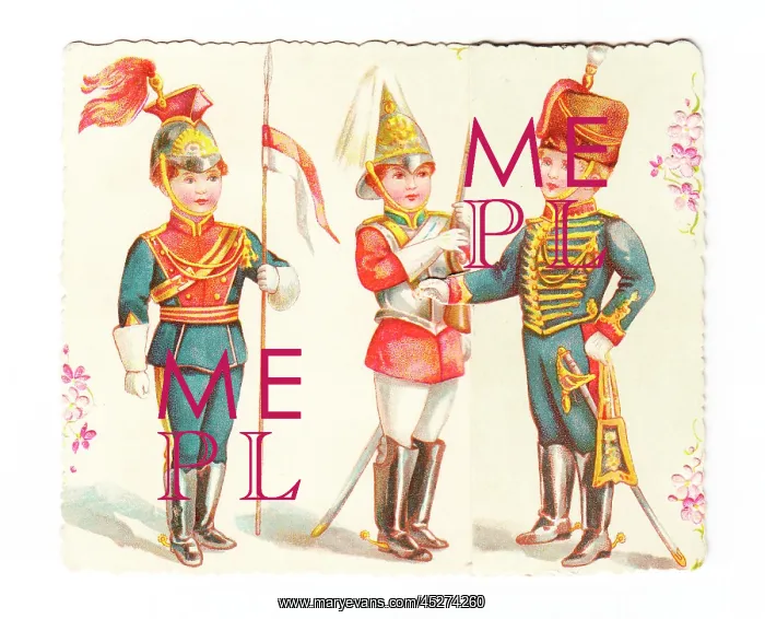  : Three boys in military uniform on a greetings card