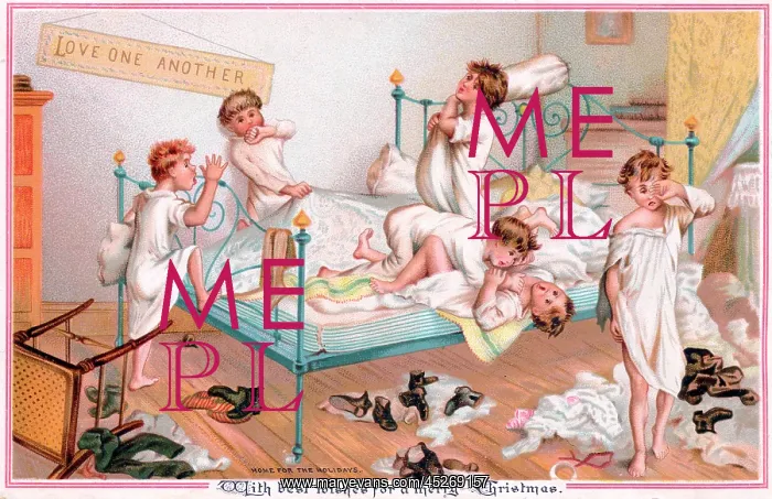 : Six boys pillow fighting on a Christmas card : Six boys pillow fighting on a Christmas card