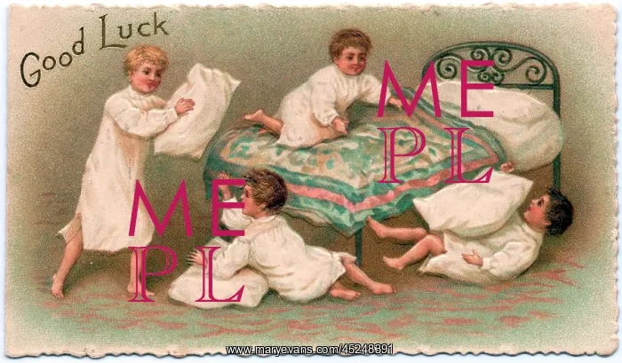  : Four boys pillow fighting on a Good Luck card
