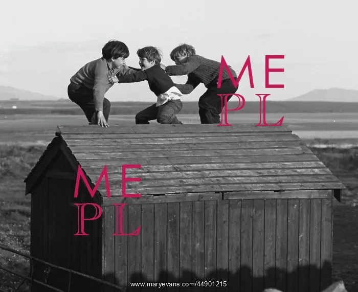 : Three boys playing on top of a wooden shed : Three boys playing on top of a wooden shed