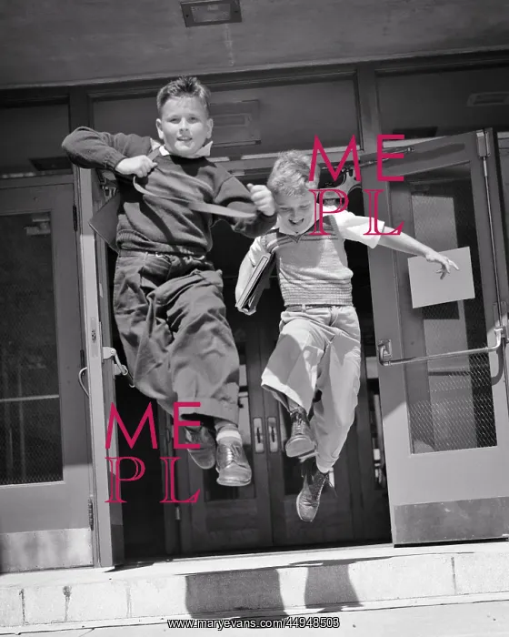 : Two Boys Running Jumping Out the Doors of Elementary : Two Boys Running Jumping Out the Doors of Elementary