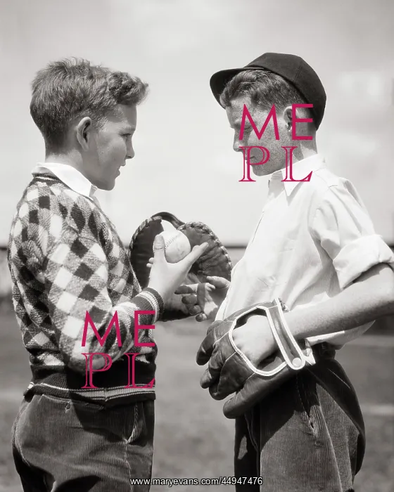 : Two Boys Talking Playing Baseball Catcher Hand : Two Boys Talking Playing Baseball Catcher Hand