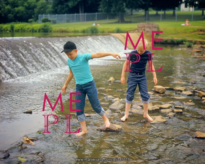 : Two Boys Wading Barefoot in Rocky Stream Just : Two Boys Wading Barefoot in Rocky Stream Just
