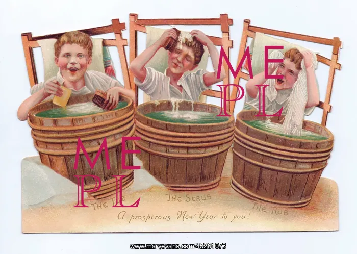 : Three boys washing on a New Year card : Three boys washing on a New Year card