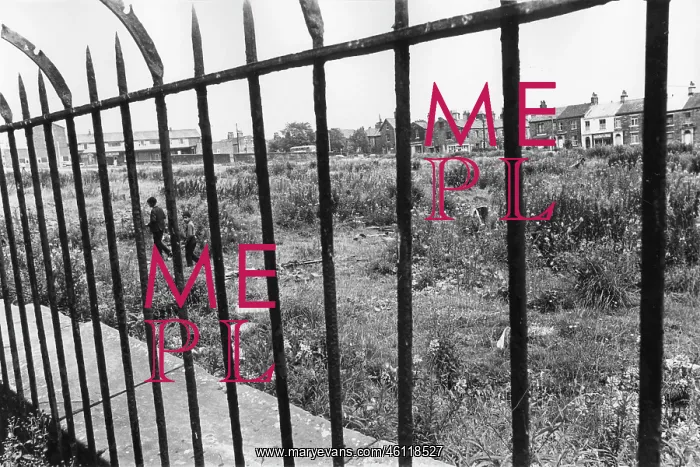 : Two boys on waste ground, seen through railings : Two boys on waste ground, seen through railings