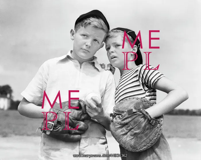 : Two Boys Wearing Baseball Caps and Gloves : Two Boys Wearing Baseball Caps and Gloves