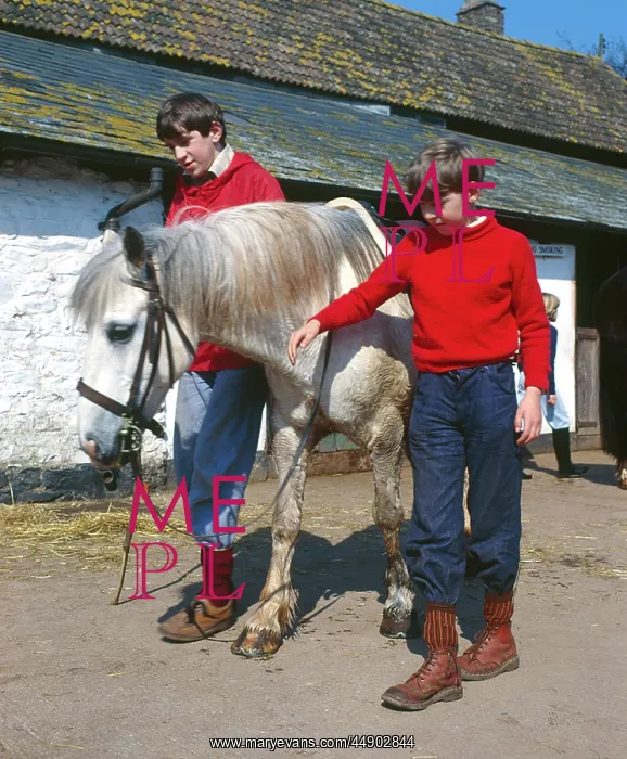 : Two boys with white pony, Horner, Somerset : Two boys with white pony, Horner, Somerset