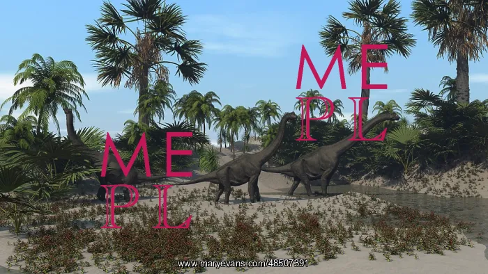 : Three Brachiosaurus dinosaurs grazing on vegetation : Three Brachiosaurus dinosaurs grazing on vegetation