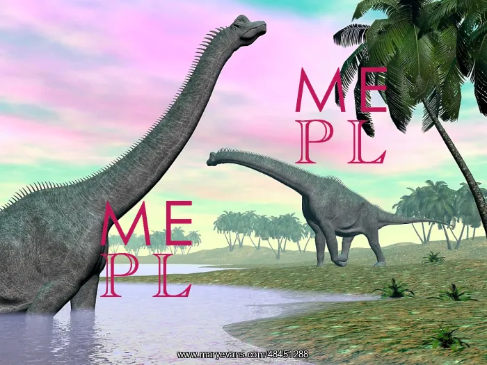 : Two Brachiosaurus dinosaurs in landscape with water and ? : Two Brachiosaurus dinosaurs in landscape with water and ?