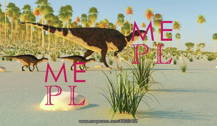 : Brachylophosaurus dinosaur and her young walking in the sand : Brachylophosaurus dinosaur and her young walking in the sand