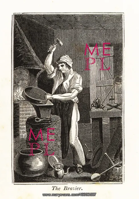 : Brazier hammering a brass pan in a workshop : Brazier hammering a brass pan in a workshop
