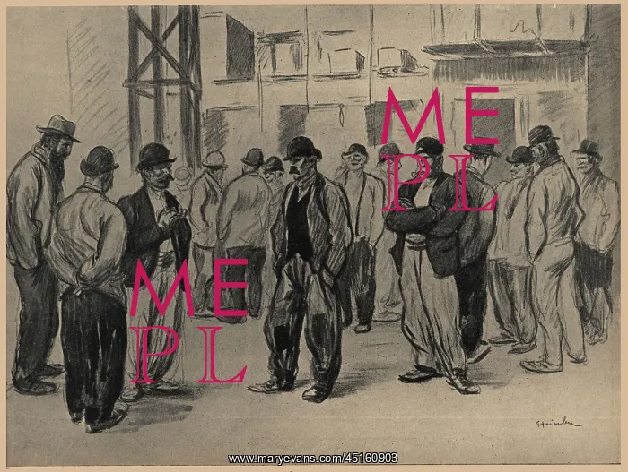 : The Break. An illustration of a large group of workmen speaking with each : The Break. An illustration of a large group of workmen speaking with each